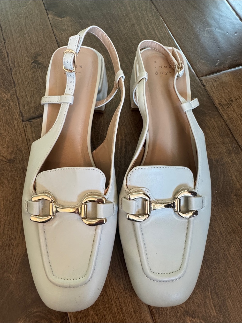 A New Day Size 11 White Slingback Loafers with Gold Bit Hardware